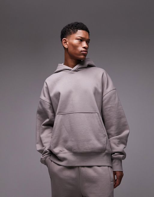 Topman - Oversized premium dekolt hoodie van zware kwaliteit in lichtbruin