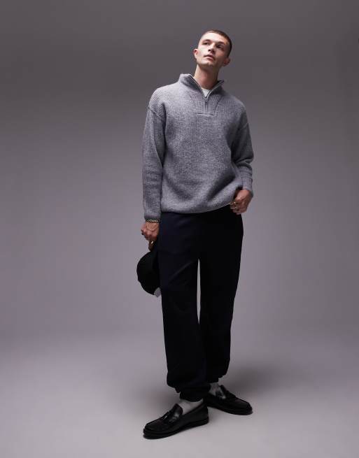 Topman oversized 1/4 zip jumper in grey marl