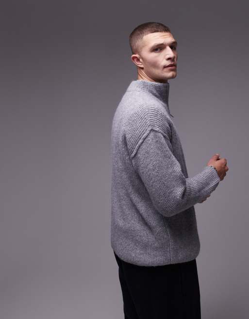Topman oversized 1/4 zip jumper in grey marl