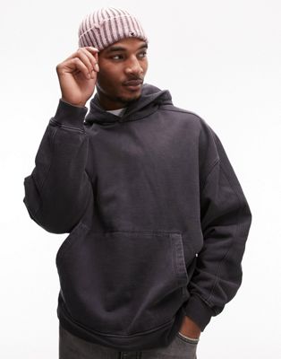 Topman oversized seam detail hoodie in washed black