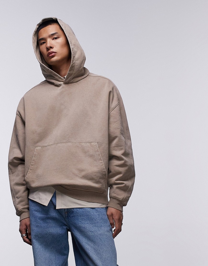 Topman oversized seam detail hoodie in washed stone-Neutral