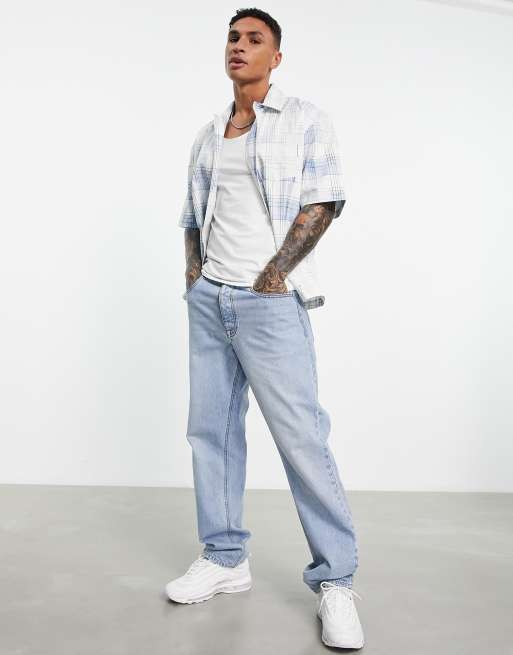 Topman oversized shirt in bleached blue and white check | ASOS