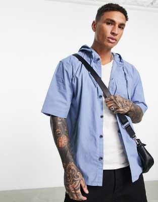 Topman oversized short sleeve hooded shirt in blue - ASOS Price Checker