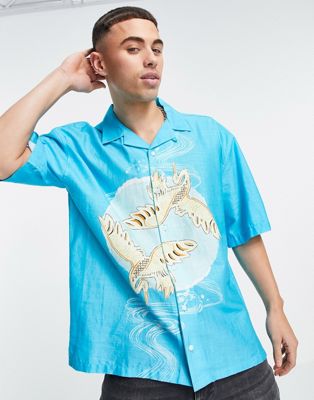 Topman oversized short sleeve shirt with heron print in blue