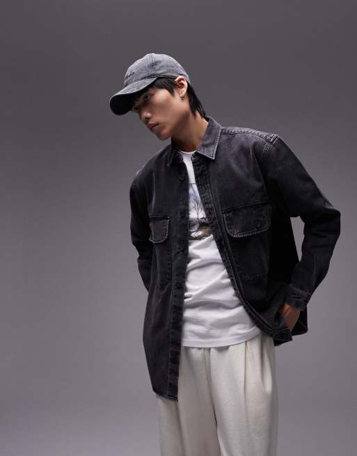 Topman - Oversized skjorte med lange ærmer og dobbeltlomme i vasket koksgrå twill