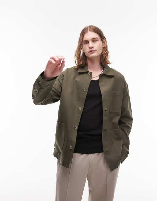 Topman - Oversized skjortejakke i kakigrøn twill