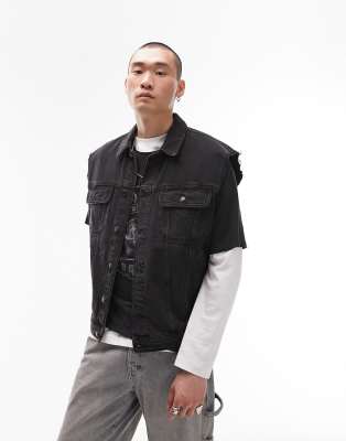 Topman Oversized Sleeveless Denim Jacket In Black ModeSens