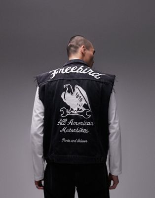 Topman oversized sleeveless denim jacket with free bird back embroidery in black