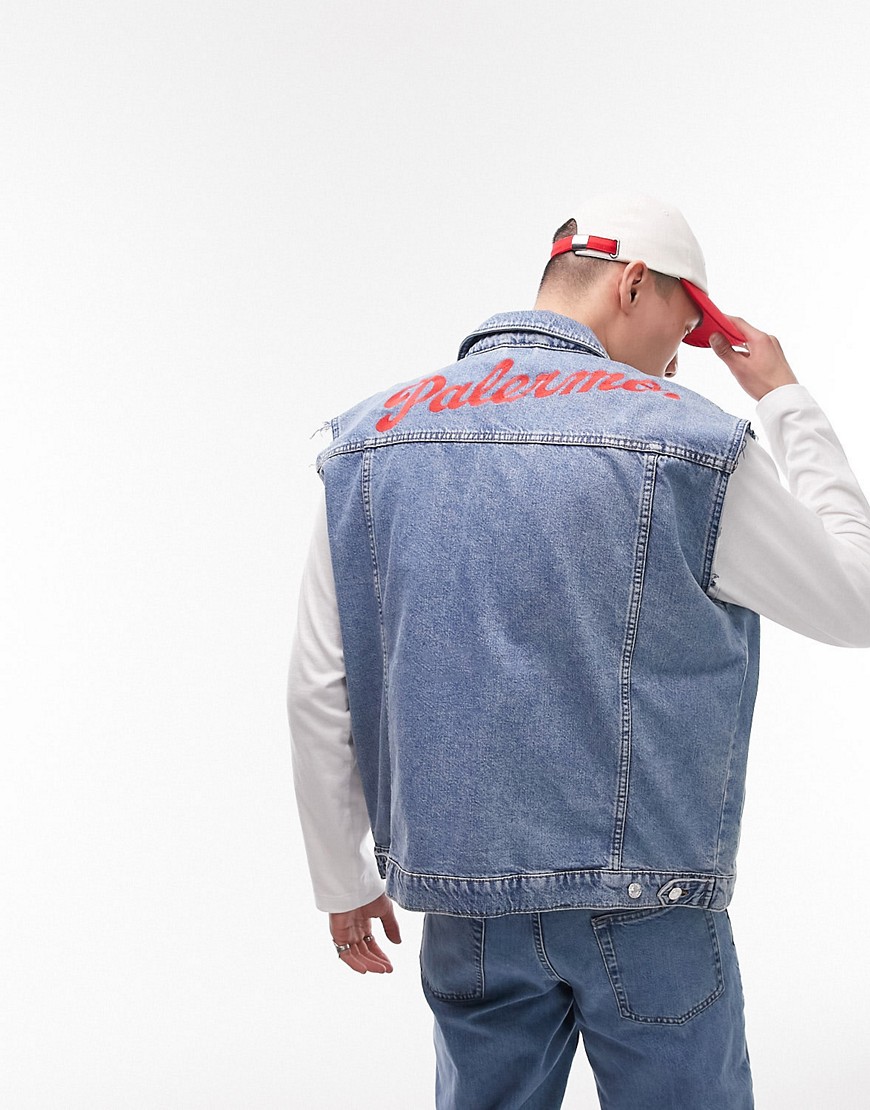 Topman oversized sleeveless denim jacket with palermo back embroidery in blue