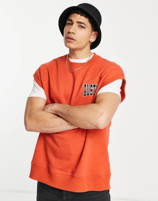 Topman oversized sleeveless sweatshirt with Austin print in red
