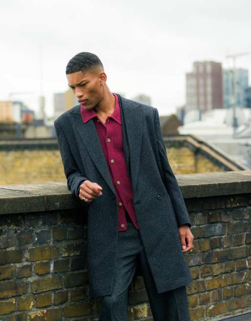 Topman - Oversized, sort frakke i nistret uldblandingsmateriale