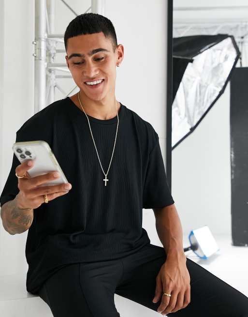 Topman - Oversized sort T-shirt i ribstrik