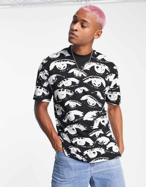 Topman - Oversized sort T-shirt med øjenprint 