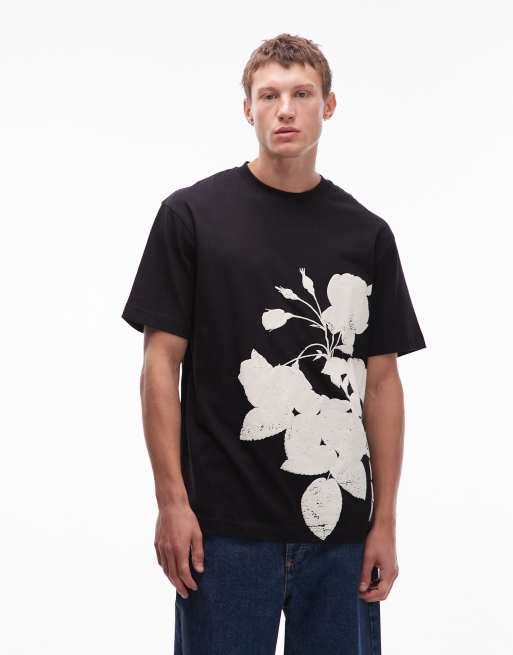 Topman - Oversized sort T-shirt med monokromt japansk blomsterprint