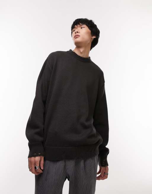 Topman - Oversized striktrøje med rund hals og sliddetaljer i forvasket sort