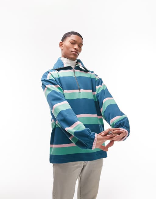 Topman oversized stripe sweatshirt with wing collar in blue ASOS