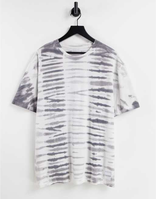 Topman oversized striped tie dye T-shirt in gray 