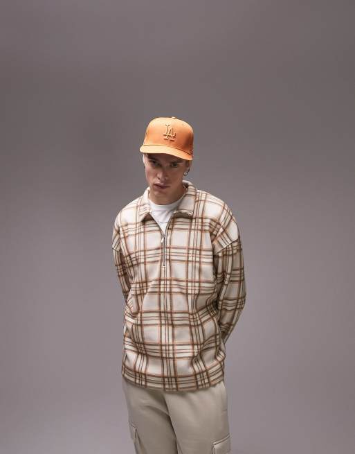 Topman oversized super soft brushed plaid polo in stone