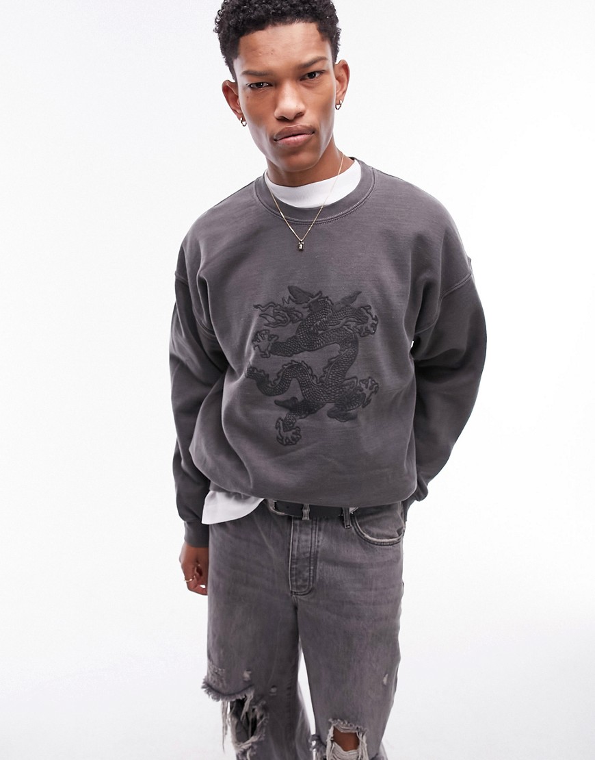 Topman oversized sweat with dragon embroidery in washed black