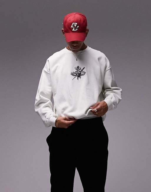 Topman oversized sweat with sacred heart embroidery in washed ecru