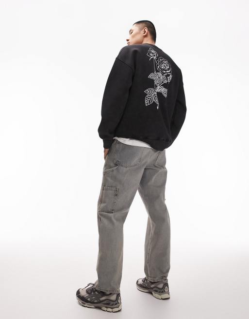 Topman - Oversized sweatshirt i forvasket sort med blomsterbroderinger på front og ryg