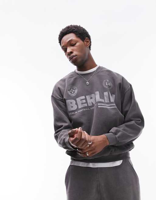 Topman - Oversized sweatshirt med 'Berlin'-print i forvasket sort