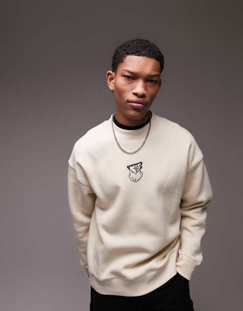 Topman - Oversized sweatshirt med broderet statue i beige - view 1