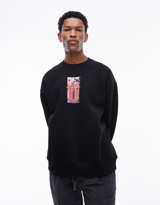 Topman - Oversized sweatshirt med forvrænget blomsterprint på brystet i sort