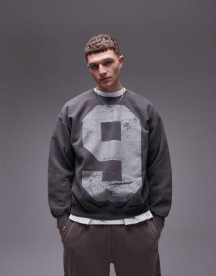 Topman - Oversized sweatshirt met 95-print op de voor- en achterkant in zwart met wassing