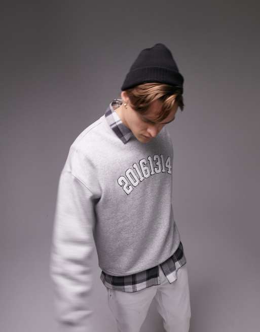 Topman - Oversized sweatshirt met badge van chenille in gemêleerd grijs