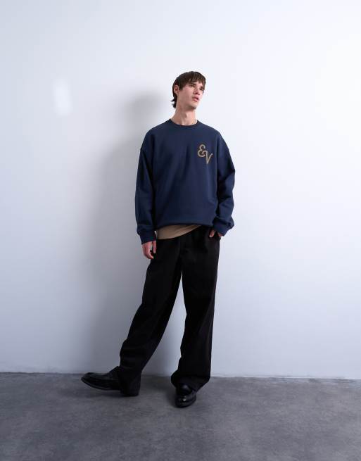 Topman - Oversized sweatshirt met East Village-borduursel in marineblauw, 5 van 5
