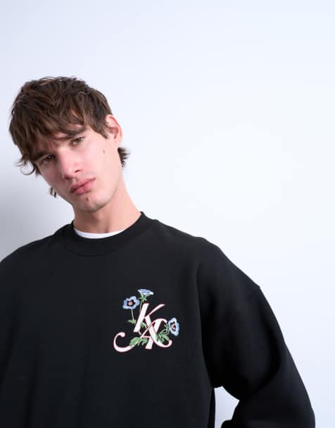 Topman - Oversized sweatshirt met geborduurd monogram en bloemenmotief in zwart - view 1