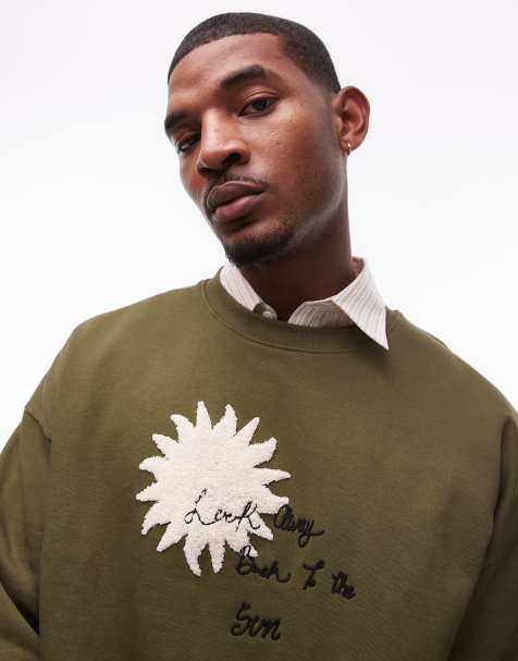 Topman - Oversized sweatshirt met geborduurde zon en tekst op de voor- en achterkant van chenille in kaki - view 1