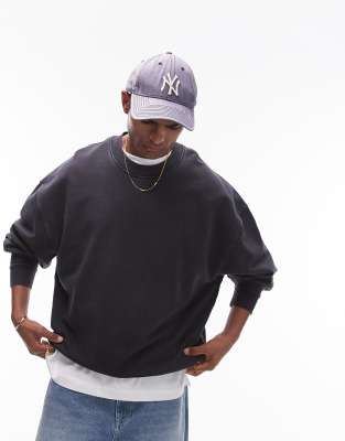 Topman - Oversized sweatshirt met ronde hals in zwarte wassing