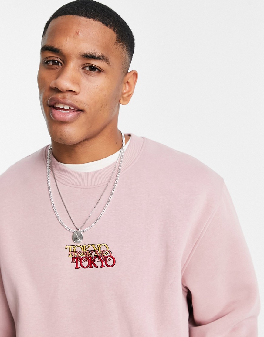 Topman - Oversized sweatshirt met 'Tokyo'-print en ronde hals in roze