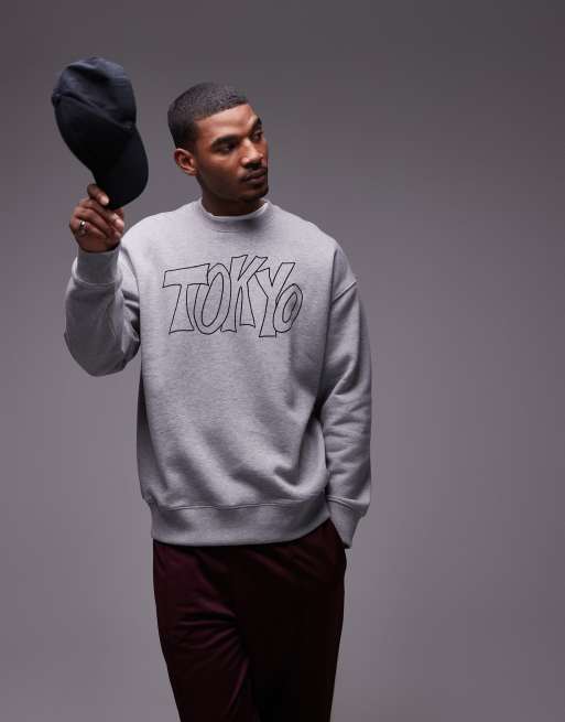 Topman - Oversized sweatshirt met 'Tokyo' print met textuur in gemêleerd grijs