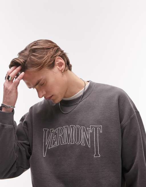 Topman - Oversized sweatshirt met Vermont-print in zwart met wassing