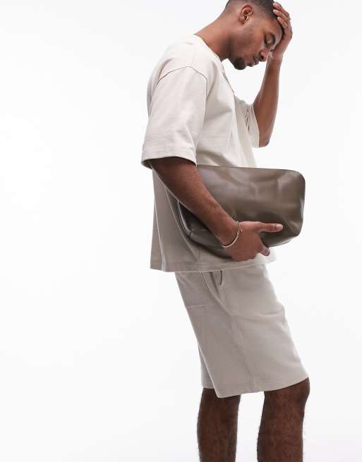 Topman - Oversized sweatshirt van linnenmix met korte mouwen in stone