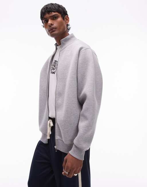 Topman - Oversized sweatshirt van zware scubastof met rits in gemêleerd grijs