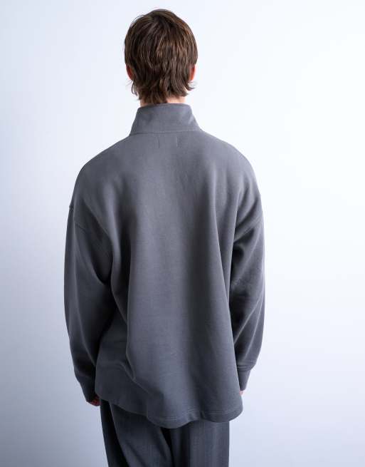 Topman - Oversized sweatshirt van zware stof met 1/4 rits in antracietgrijs, 3 van 5