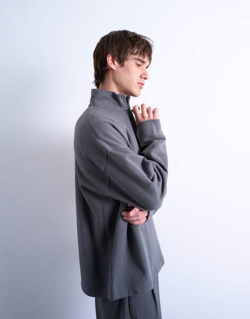Topman - Oversized sweatshirt van zware stof met 1/4 rits in antracietgrijs, 4 van 5