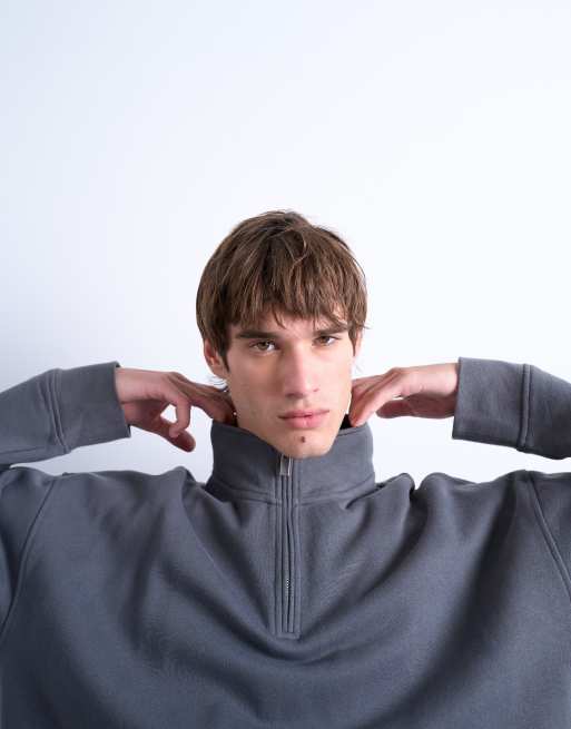 Topman - Oversized sweatshirt van zware stof met 1/4 rits in antracietgrijs, 5 van 5