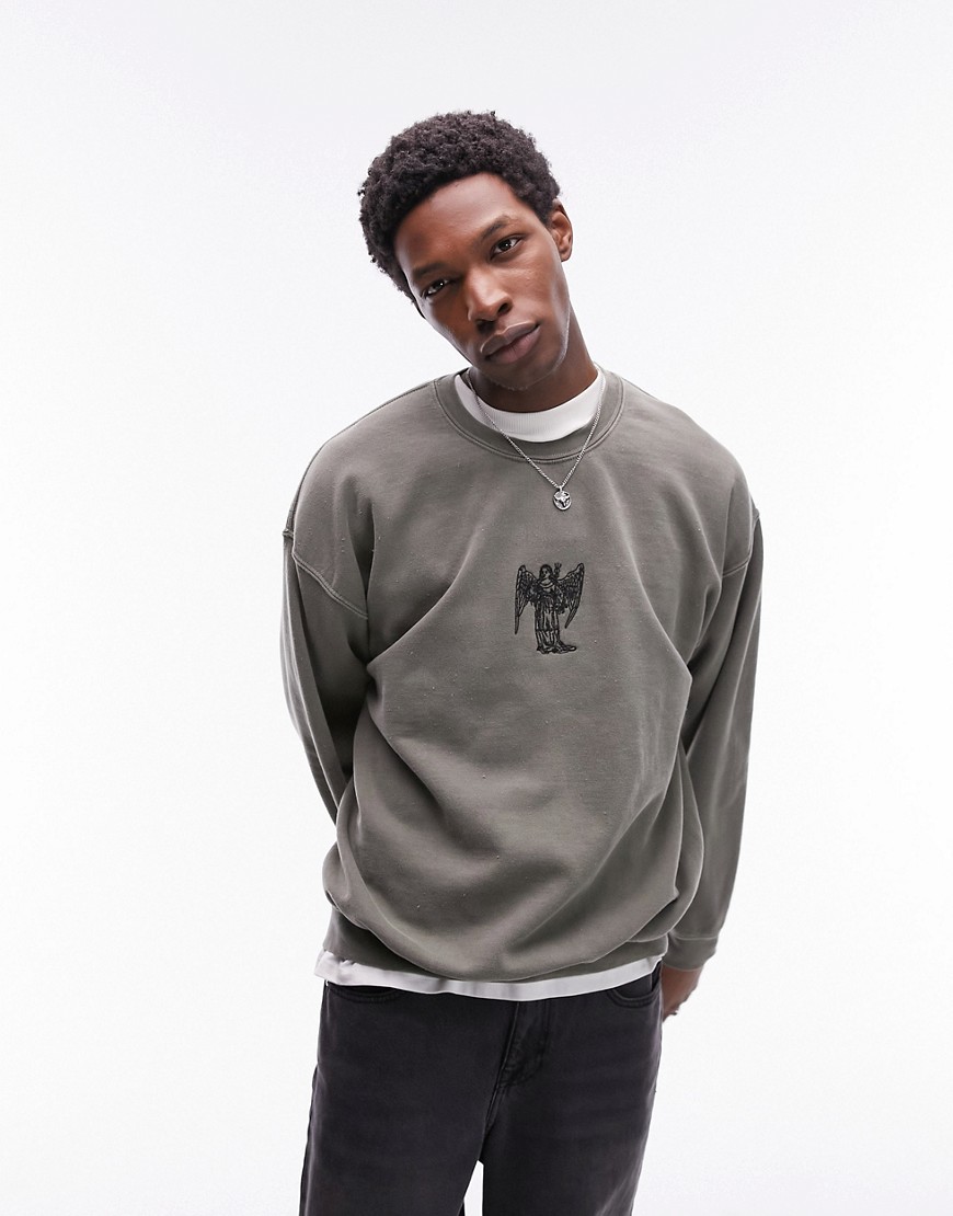 Topman oversized sweatshirt with angel embroidery in washed green