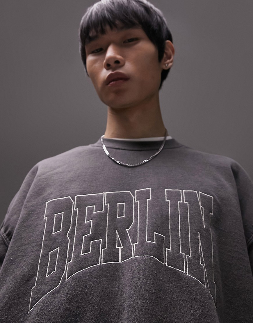 topman oversized sweatshirt with berlin embroidery in washed black