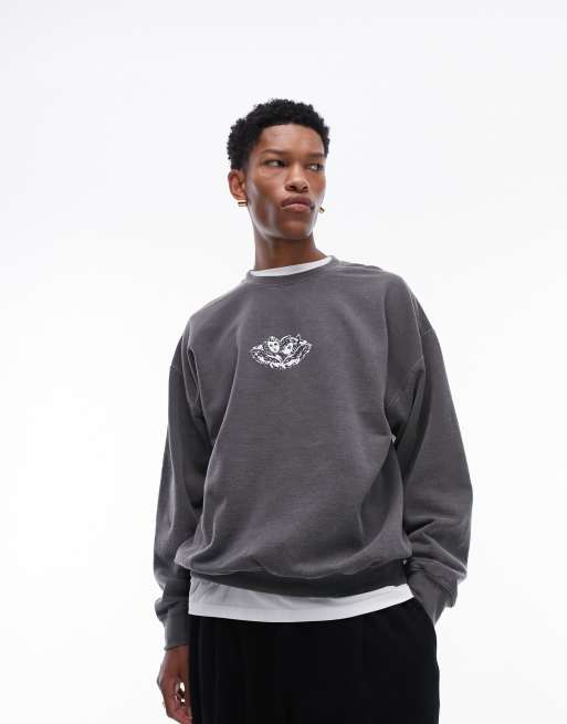 Topman oversized sweatshirt with cupids print in washed black | ASOS