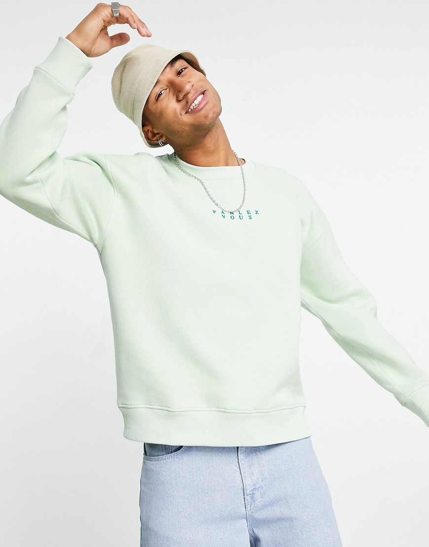 Topman oversized sweatshirt with parlez vous embroidery in sage-Green