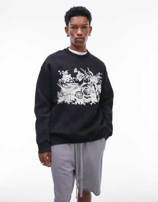 Topman oversized sweatshirt with pheasant print in washed black | ASOS