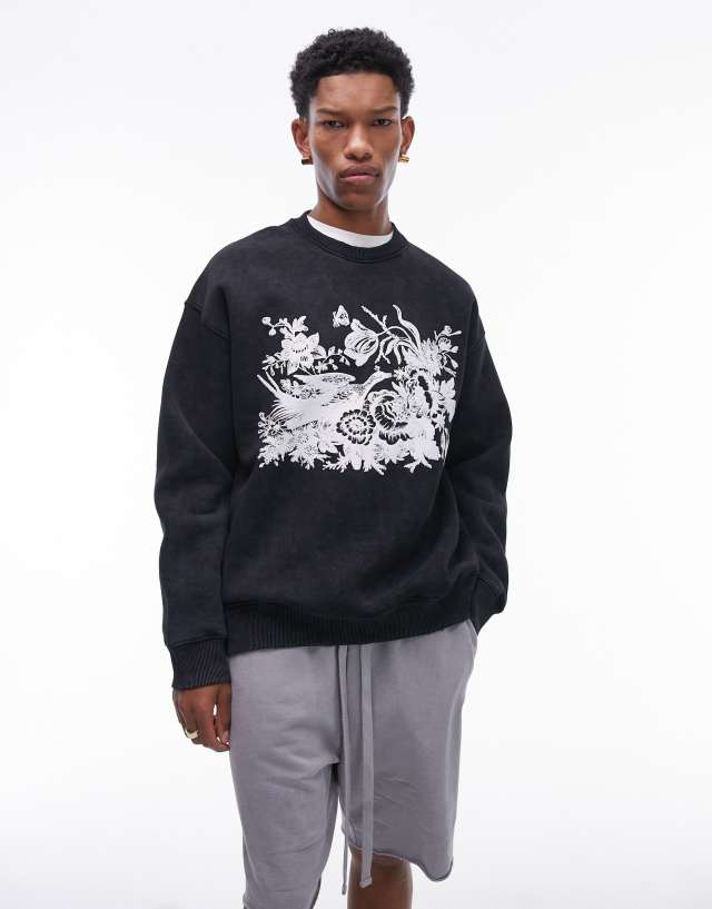 Topman - oversized sweatshirt with pheasant print in washed black