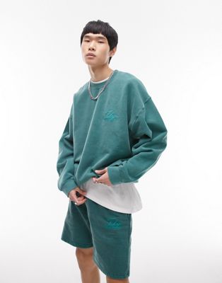 Topman oversized sweatshirt with embroidery in washed green
