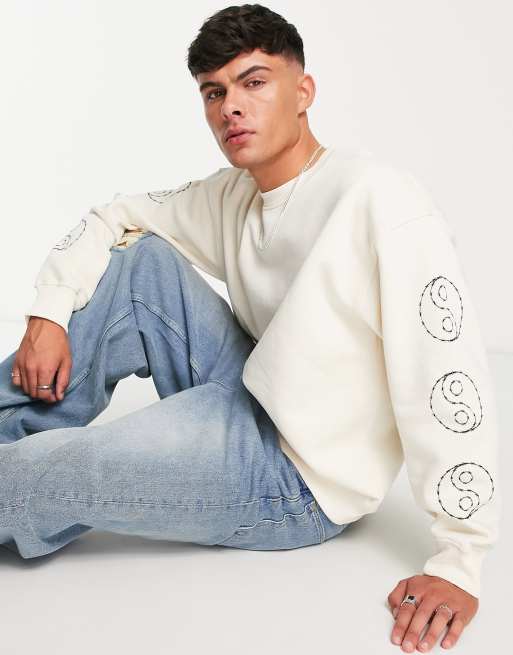 Topman oversized sweatshirt with ying yang back print in stone